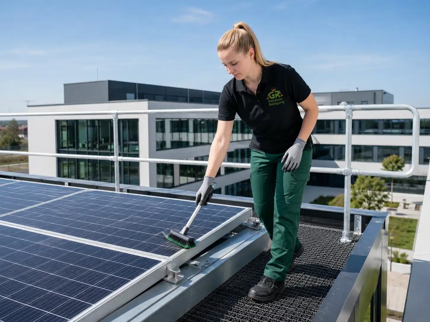 Mitarbeiterin von GR Gebäudereinigung bei der Bauendreinigung im Bereich einer Solaranlage