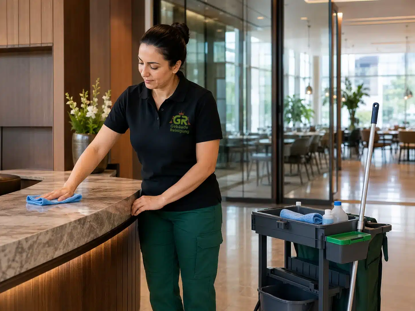 Mitarbeiterin von GR Gebäudereinigung reinigt eine moderne Lobby mit Gastronomiefläche